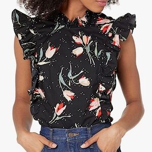 Rebecca Taylor 100% Silk Floral Ikat Ruffle Top Women's 10 Black Pink Artsy